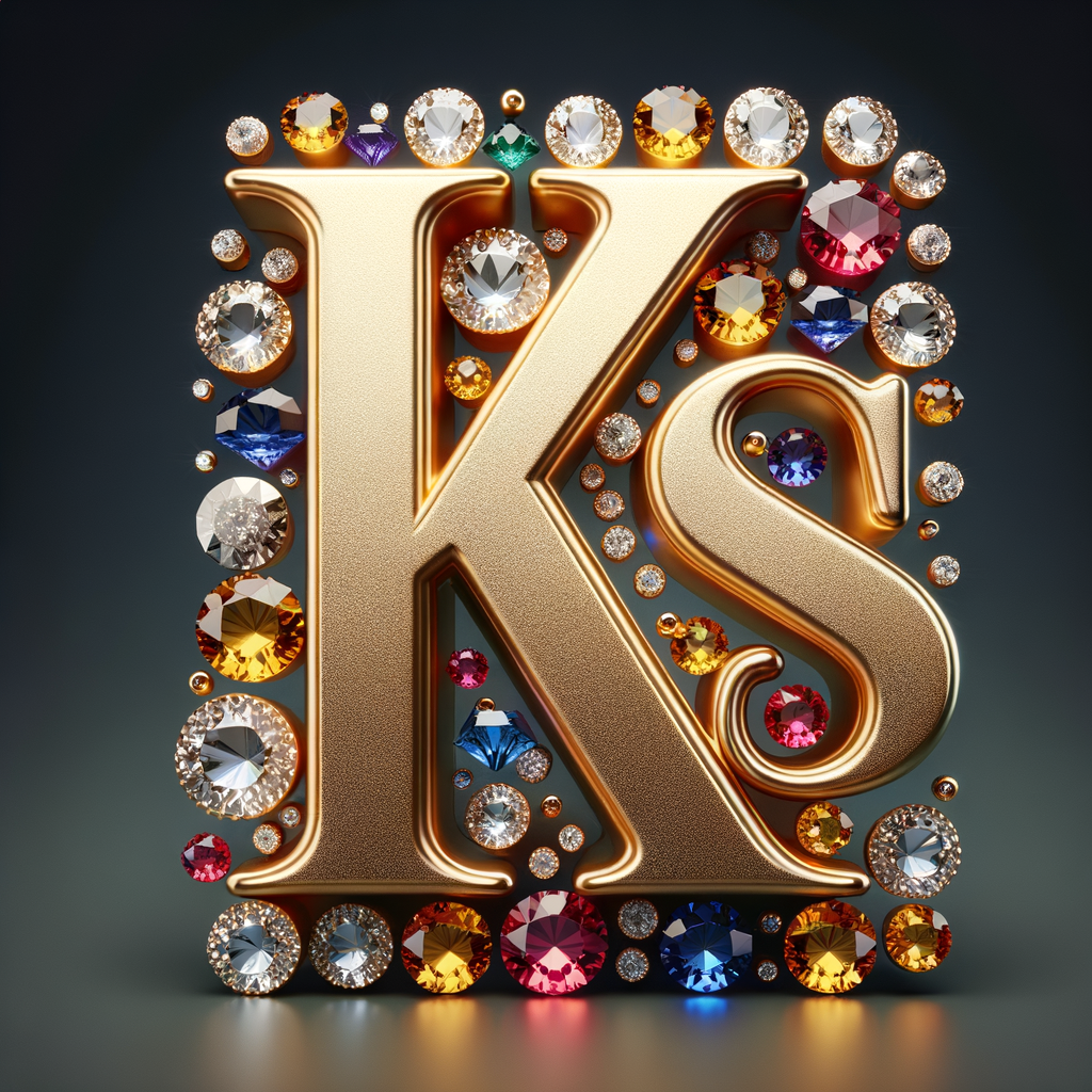 Create a 3-D realistic image with the letters  K.S. in gold raised letters , Add diamonds and colorful jewels