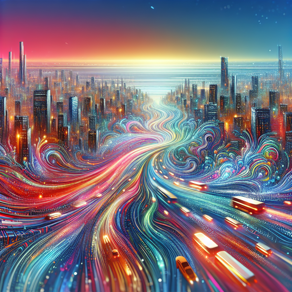 A futuristic cityscape viewed from a high vantage point, where the buildings seem to blend into flowing streams of light and color. The horizon is a blend of vivid gradients, and flying vehicles leave trails that resemble long-exposure photograph