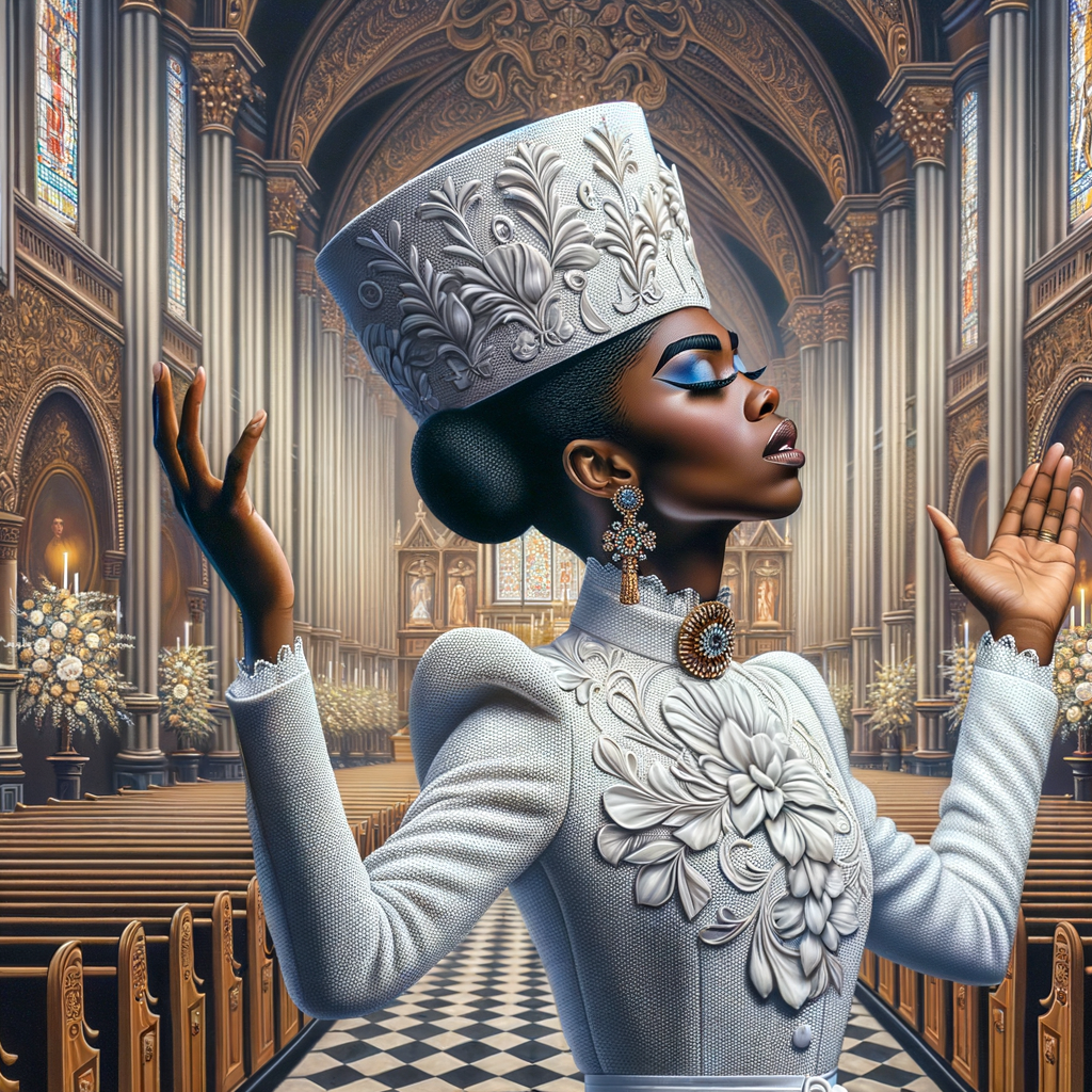 Render an airbrush oil painting of an African American woman with flawless makeup
kneeling at a church altar, her hands raised in a gesture of surrender to God. She's
dressed in stylish Sunday Best attire, with a particular focus on the delicate details of
her Church Hat. The background features a beautifully painted church interior, with the
oil paint texture enhancing the sacred atmosphere. The artwork should capture the
woman's devout expression, the elegance of her attire, and the spiritual ambiance of
the church setting, reflecting a moment of deep faith and devotion.