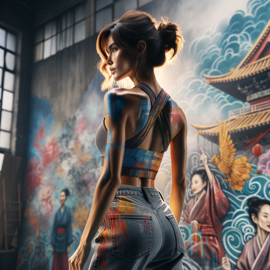 Athletic Thin skinny Attractive, Asian teenage girl, long brown hair and bangs, wearing tight skinny jeans and a halter top paint marks on her clothing, heroic pose Asian graffiti background, backside view