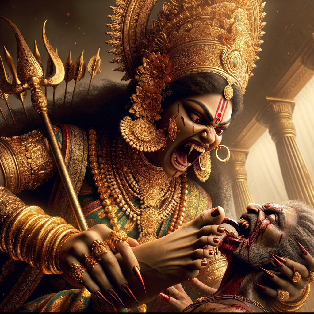 portrait of angry looking goddess durga pinning a weak mahishasur to the ground with her foot and stabbing him with her amazingly long fingernails. She is wearing gold armor, a huge gold crown, gold saree, abundant  gold jewelry, covered in blood. The scene is set in ancient India. The image is 8K resolution, photography, cinematic, ultra detailed face and epic