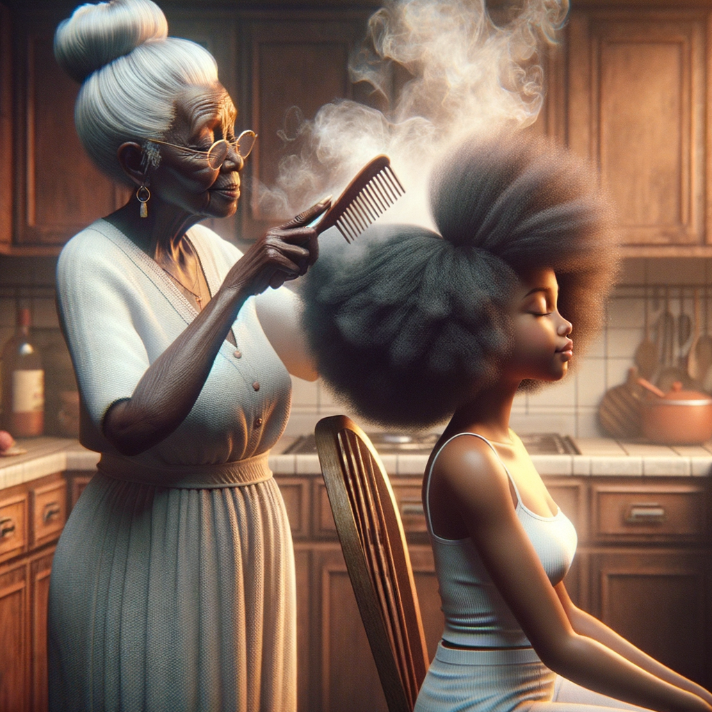 Create a realistic 3-D image of an african-American grandmother in the kitchen with her african-American granddaughter. The grandmother has a hot comb in her hair and she is straightening her granddaughters hair. One side of her granddaughters hair is in  a Afro the other is bone straight 
There is smoke coming from the hot comb