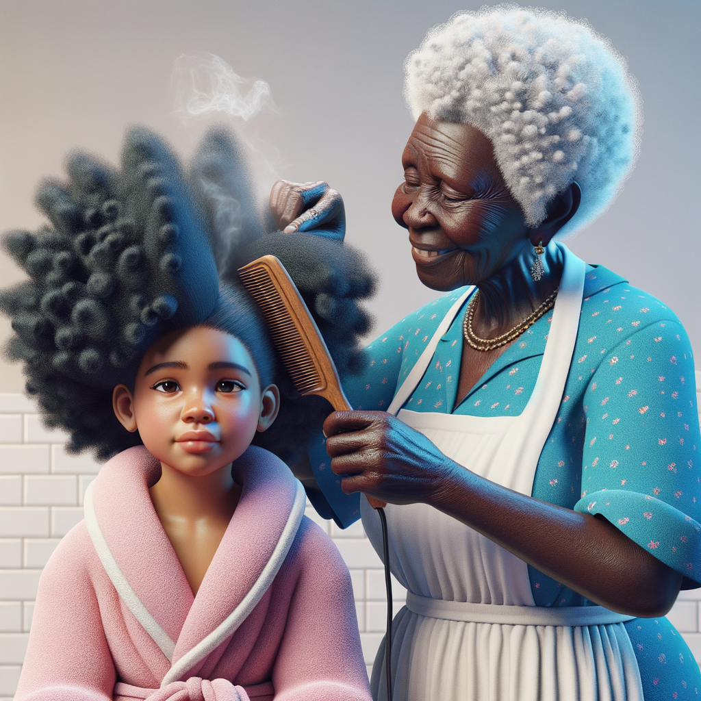 Create a realistic 3-D image of an african-American grandmother wearing a blue house dress and a white apron . She is in the kitchen with her african-American granddaughter. Her granddaughter is wearing a pink bath robe. The grandmother has a hot comb in her hand and she is straightening her granddaughters hair. One side of her granddaughters hair is in  a Afro the other straight 
There is smoke coming from the hot comb
The granddaughter is making a face