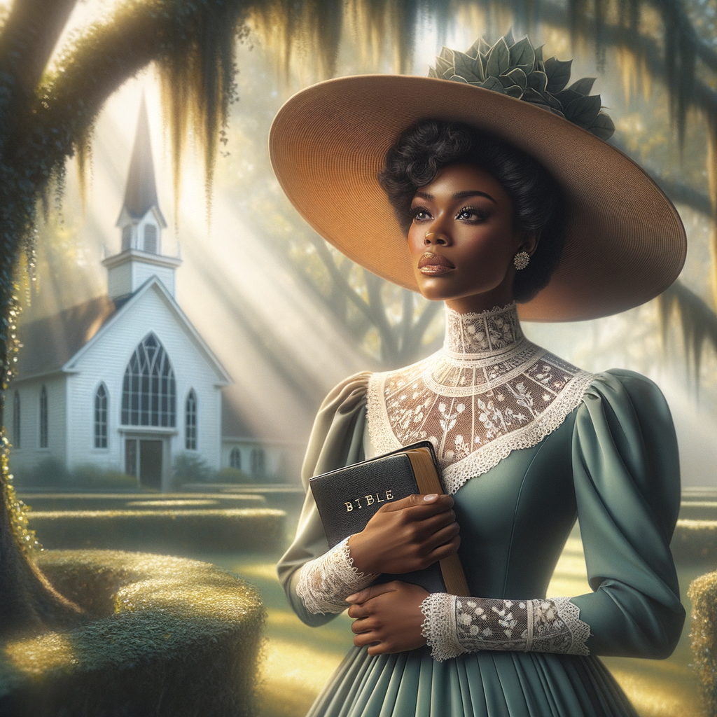 Render an airbrush oil painting of an African American woman with flawless makeup in a
contemplative pose, holding a Bible close to her heart, dressed in an elegant Sunday Best
outfit with a distinctive Church Hat. The background features a peaceful church garden,
with light filtering through the trees, highlighting her spiritual connection and the personal
moment of reflection. The artwork should capture the tranquility of the scene, the beauty
of her attire, and the depth of her contemplation, reflecting a serene and spiritually