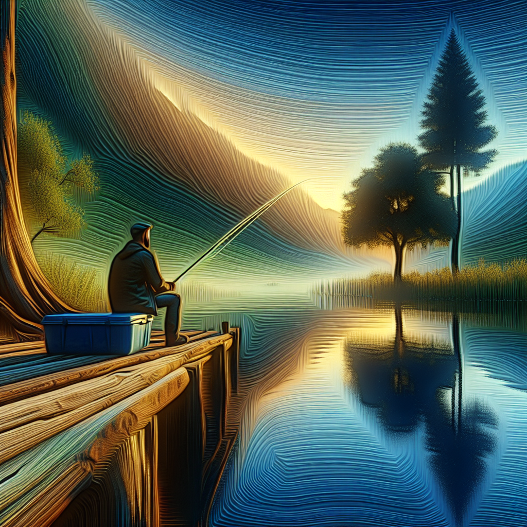 A lone fisherman sitting by a calm pond, with ripples on the water and a single tree in the background.