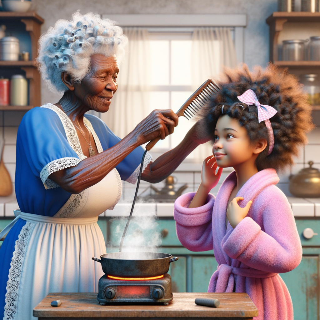 Create a realistic 3-D image of an african-American grandmother wearing a blue house dress and a white apron . She is in the kitchen with her african-American granddaughter. Her granddaughter is wearing a pink bath robe. The grandmother has a hot comb in her hand and she is straightening her granddaughters hair. One side of her granddaughters hair is in  a Afro the other straight 
There is smoke coming from the hot comb
The granddaughter is holding her ear and making a funny face