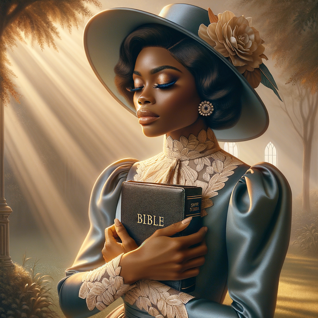 Render an airbrush oil painting of an African American woman with flawless makeup in a
contemplative pose, holding a Bible close to her heart, dressed in an elegant Sunday Best
outfit with a distinctive Church Hat. The background features a peaceful church garden,
with light filtering through the trees, highlighting her spiritual connection and the personal
moment of reflection. The artwork should capture the tranquility of the scene, the beauty
of her attire, and the depth of her contemplation, reflecting a serene and spiritually