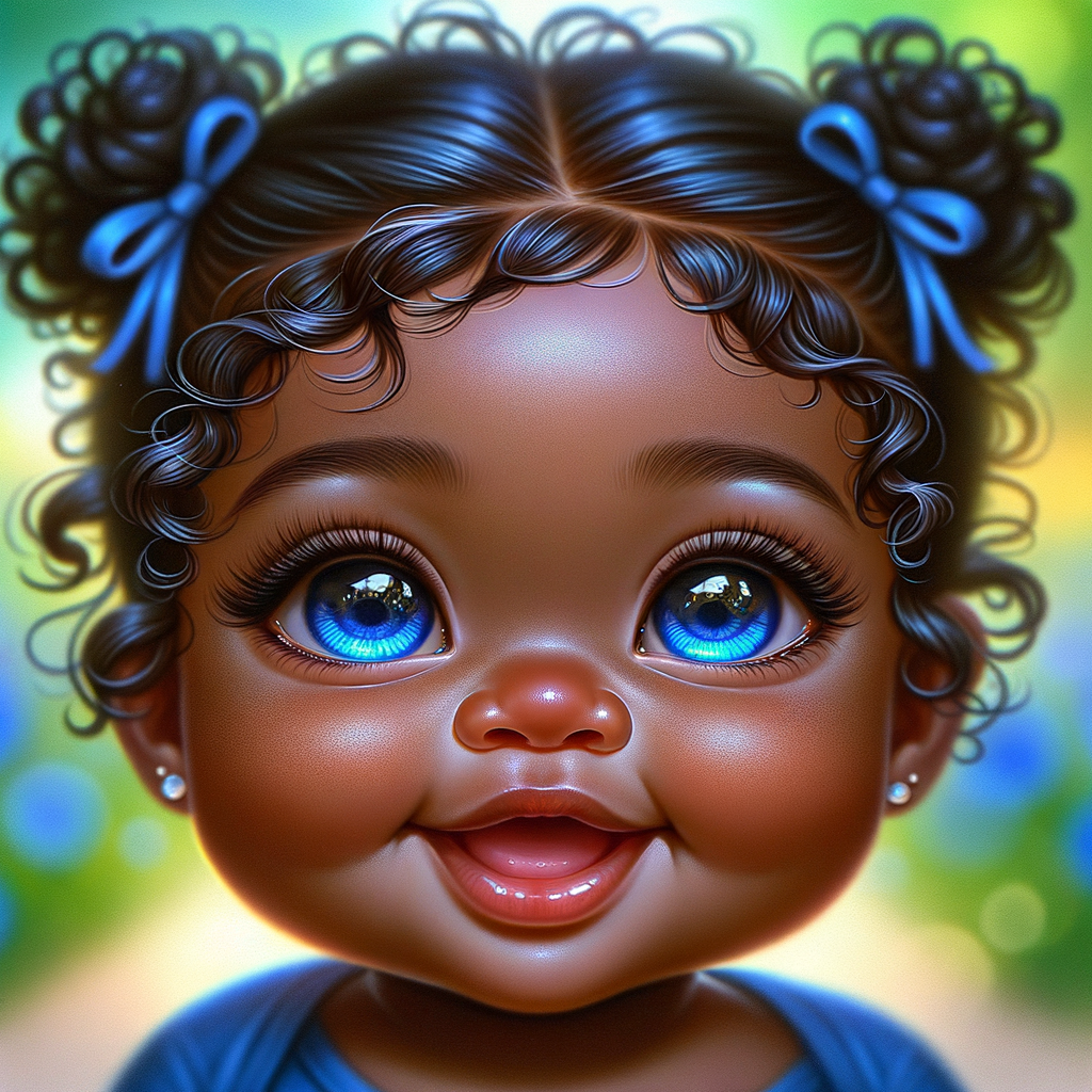 ultra realistic Chibi Style oil painting of Med olive skin  cute African-American American baby girl with deep deep dimples on both checks smiling huge, blue eyes, wearing a blue onesie two curly black pigtails with blue
 ribbons. crystal blue eyes. up-close view bokeh background

S/O Genae Kulah