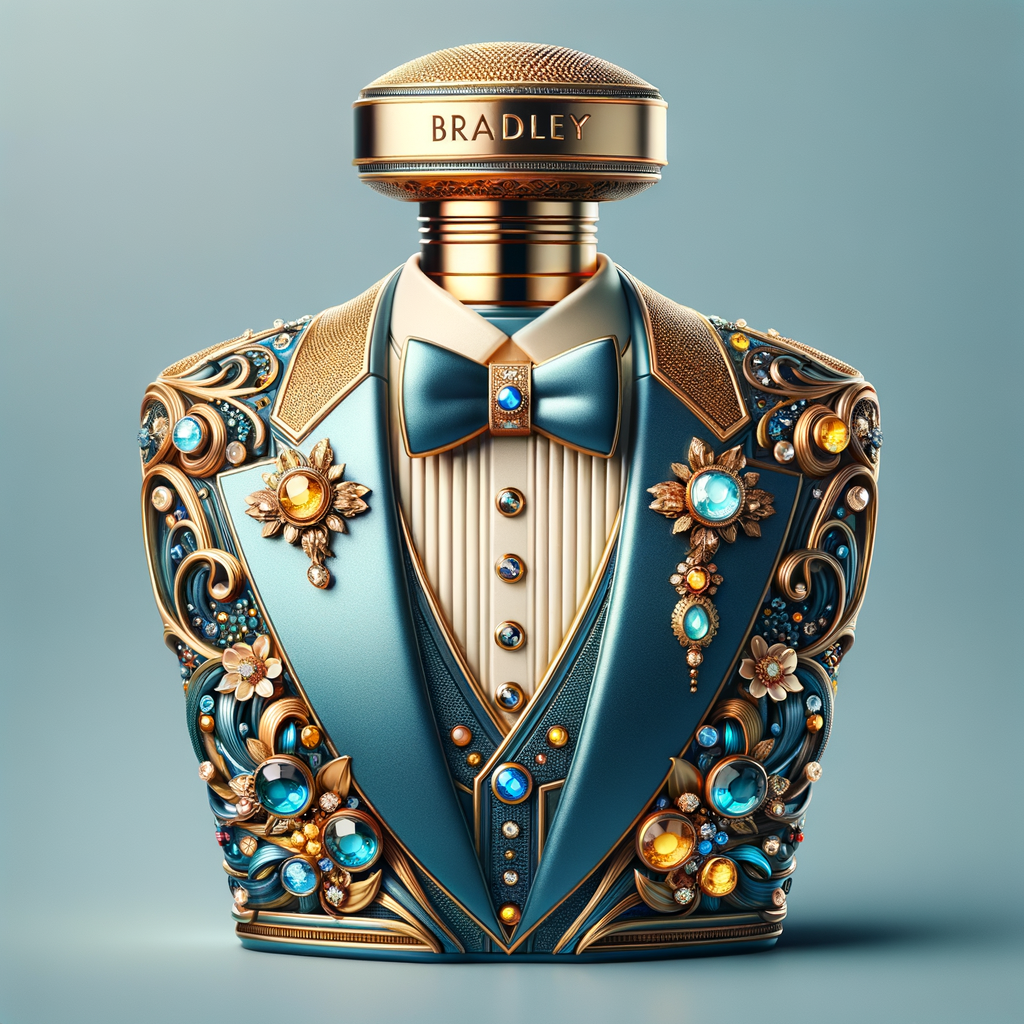 Create a blue and gold cologne bottle in the shape of a tuxedo with flowers with the name, Bradley and colorful jewels and diamonds