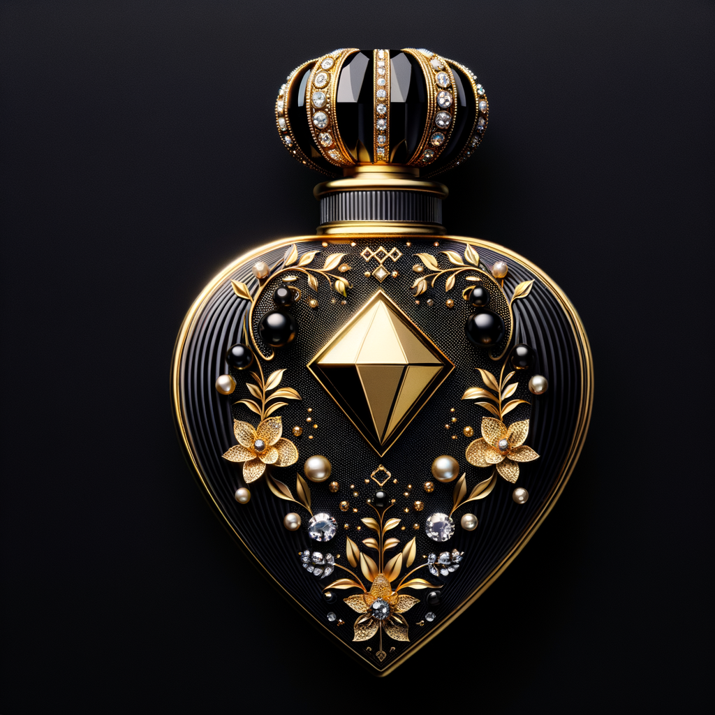 Design a fancy, black and gold bottle of perfume in the shape of a woman’s body. With a golden diamond top, flowers pearls and Diamonds in the name, Karen