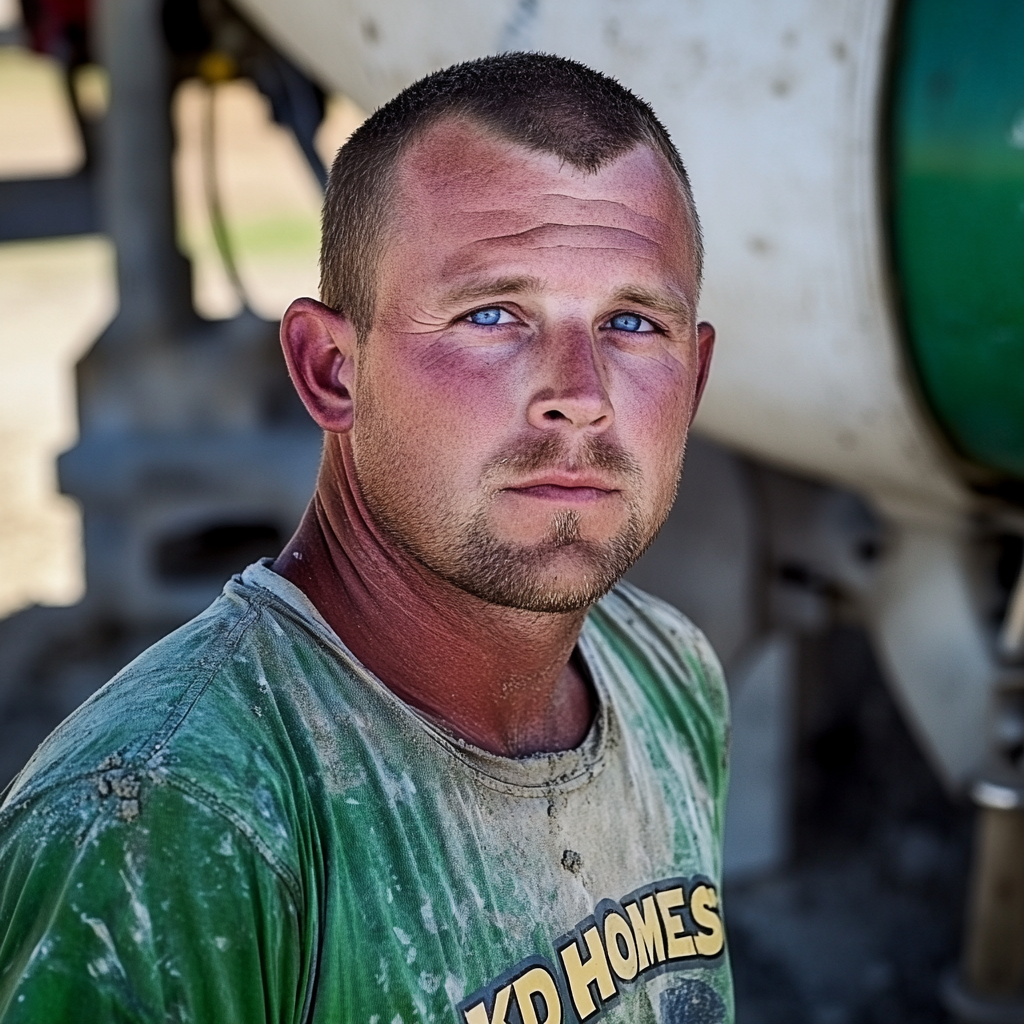 Brian Nobles a real 28 year old Caucasian male who is using  a concrete mixer, he is a  pump operator holding the hose which carries the liquid concrete to the foundation pour, Brian is slowly  beginning his transition into adult maturity , Brian Nobles is beginning to look like a grown man, he has large reflective blue eyes and a wrinkled brow,Brian is now balding , prominent large protruding round fat obese belly,,thick goatee beard, healthy muscle mass ,very noticeable male pattern balding hairline, Brian Nobles now has a  prominent receding and thinning male hairline (onset male pattern baldness), slightly fat overweight(Caucasian)wearing tight body conforming  glossy satin shiny green and gold tight fitting body conforming UnderArmour athletic bodysuit,emblazoned with the "KD HOMES" real estate logo, standing confidently in front of a newly completed constructed new KD HOME in Victorville California in a raw desert landscape. Brian has a protruding fat obese muscular physique, large male bulge, fat obese muscular frame , shows a substantial frame with a noticeable mature hairline and expressive eyes. His workman’s  pose should reflect his experience in his trade.