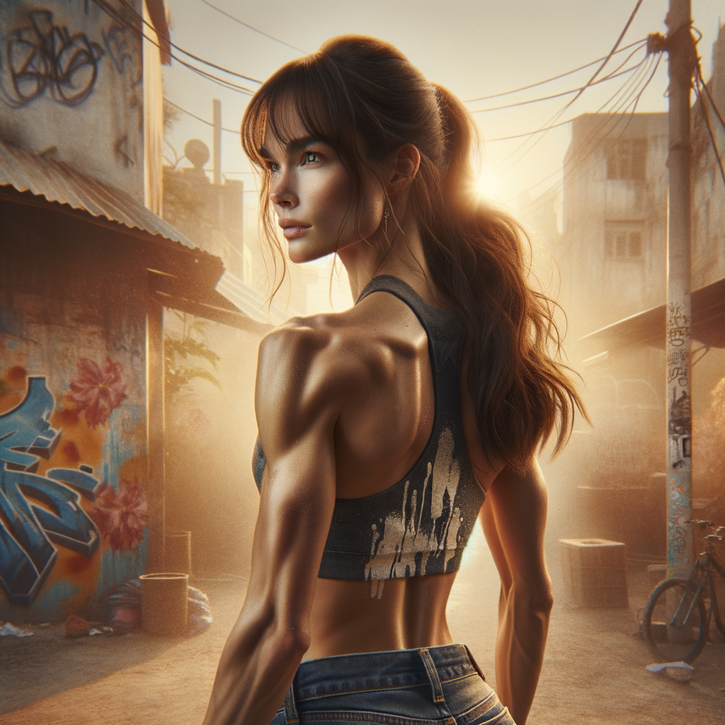 Athletic Thin skinny Attractive, Asian teenage girl, long brown hair and bangs, wearing tight skinny jeans and a halter top paint marks on her clothing, heroic pose Asian graffiti background, backside view