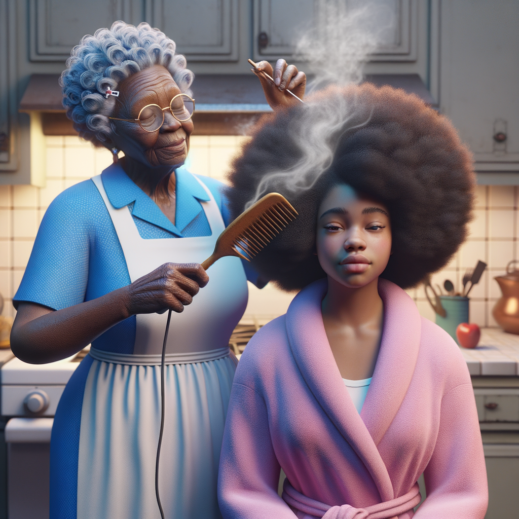 Create a realistic 3-D image of an african-American grandmother wearing a blue house dress and a white apron . She is in the kitchen with her african-American granddaughter. Her granddaughter is wearing a pink bath robe. The grandmother has a hot comb in her hand and she is straightening her granddaughters hair. One side of her granddaughters hair is in  a Afro the other straight 
There is smoke coming from the hot comb
The granddaughter is making a face