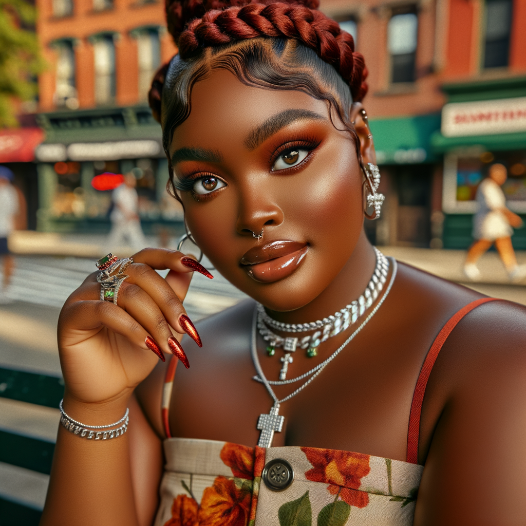 Enjoying a day out an electrostatic  art of an African American curvy toffee skin tone woman glossy skin, brown siren eyes. Newyork City landscape sitting on a bench. She’s wearing a Gucci mini dress off the shoulders, red heels, rings, multiple necklaces, spice red low braided updo plus edges, full lips, long metallic nails, wispy long lashes, 4K HDR contrast colors