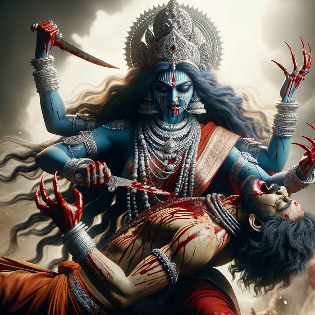 portrait of angry looking, gorgeous goddess kali, blue skinned carrying a weak mahishasur in her two arms and stabbing him with her amazingly long red fingernails. She is wearing a huge silver crown, red saree, abundant silver jewelry, covered in blood. The scene is set in ancient India. The image is 8K resolution, cinematic, ultra detailed face and epic.