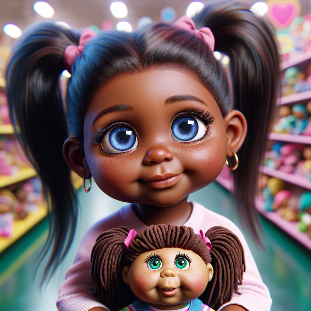 Create a 3-D realistic image of an African-American little girl above the age of five she has huge, blue eyes and thick long ponytails.
She is in a toy store and she is playing with her favorite african-American Cabbage Patch doll , the doll has deep, dimples and freckles