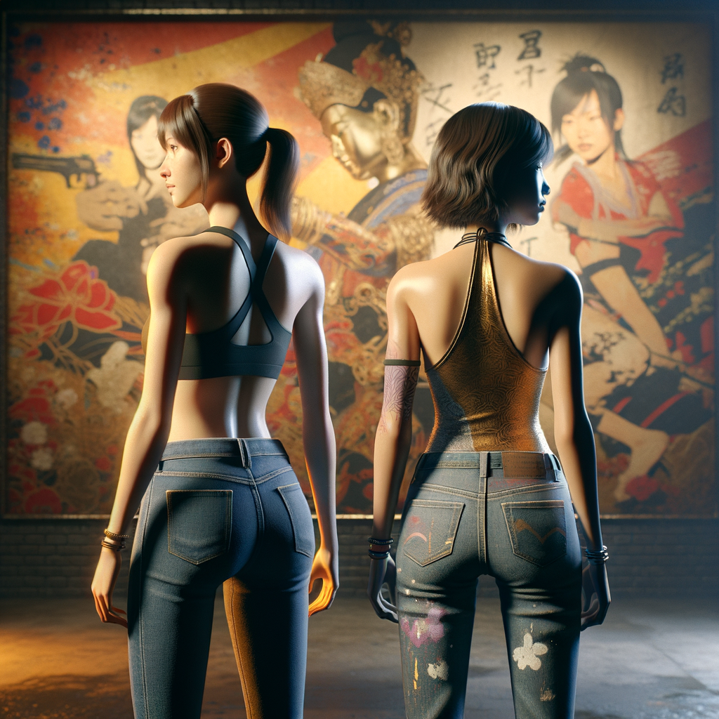 Athletic Thin skinny Attractive, Asian teenage girl, long brown hair and bangs, wearing tight skinny jeans and a halter top paint marks on her clothing, heroic pose Asian graffiti background, backside view