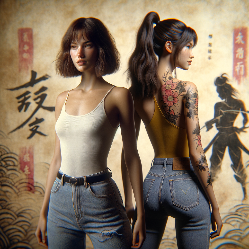 Athletic Thin skinny Attractive, Asian teenage girl, long brown hair and bangs, wearing tight skinny jeans and a halter top paint marks on her clothing, heroic pose Asian graffiti background, backside view