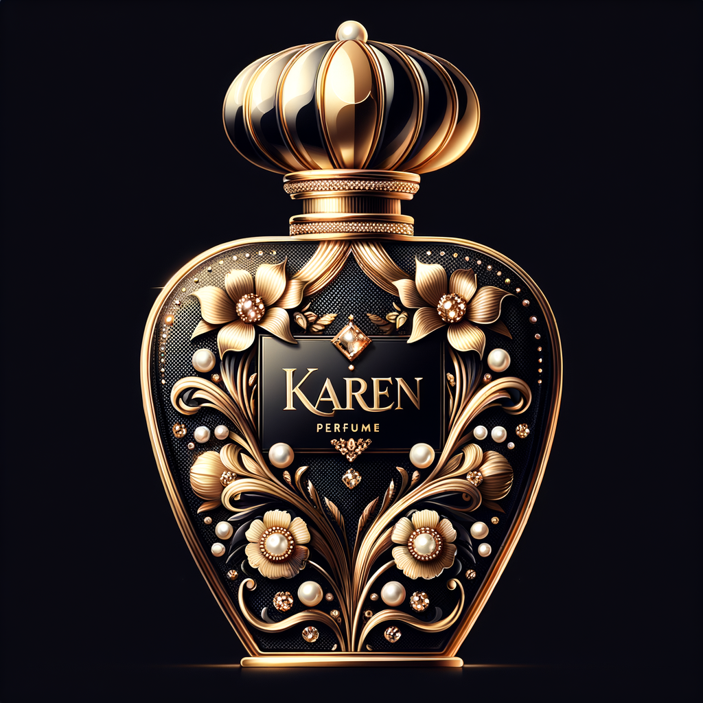 Design a fancy, black and gold bottle of perfume in the shape of a woman’s body. With a golden diamond top, flowers pearls and Diamonds in the name, Karen