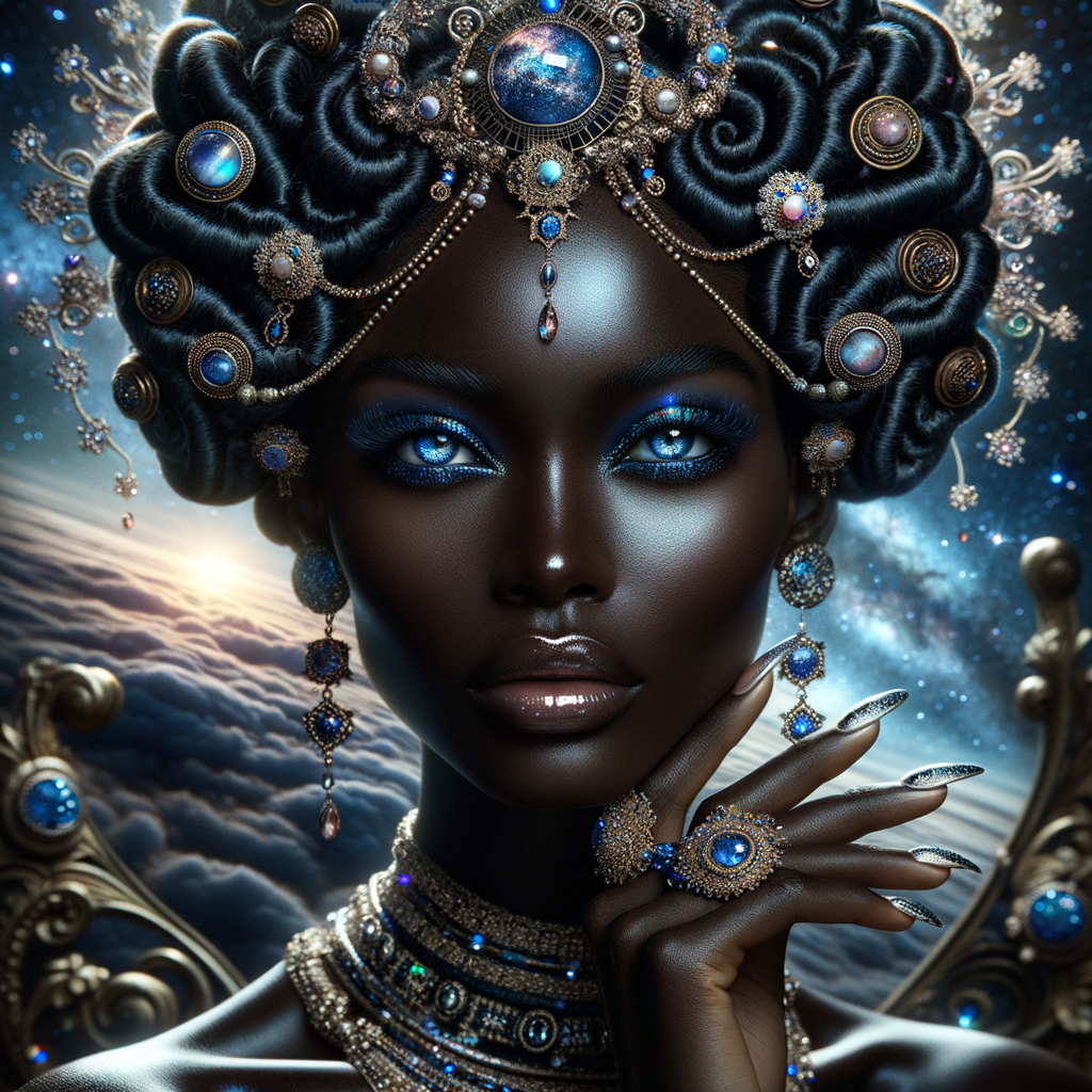 "Create a portrait of a regal African-American woman with an ethereal and cosmic theme. Her skin is a glossy ebony, with a smooth and flawless finish that reflects light. Her eyes are a striking electric blue, like sapphires, with a makeup that accentuates their shape and the intensity of their color. Her hair is styled into an intricate array of braids, coils, and twists that cascade down and frame her face, adorned with beads and jewels that catch the light. She wears an elaborate headdress made of swirling patterns and motifs that evoke the mysteries of the universe, studded with shimmering stones and intricate enamel work in hues of blue and gold. Her attire consists of a cascade of layered necklaces and a majestic, shoulder-grazing earring, each piece detailed with a mix of precious stones, metals, and intricate beadwork. The background is a tapestry of stars and nebulas, suggesting a connection to the cosmos. Her pose is serene, with a hand gracefully touching her chin, adorned with rings that complement her other jewelry, all coming together to suggest an aura of wisdom and grace."