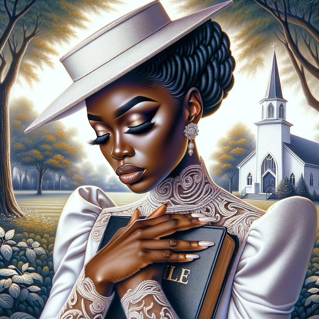 Render an airbrush oil painting of an African American woman with flawless makeup in a
contemplative pose, holding a Bible close to her heart, dressed in an elegant Sunday Best
outfit with a distinctive Church Hat. The background features a peaceful church garden,
with light filtering through the trees, highlighting her spiritual connection and the personal
moment of reflection. The artwork should capture the tranquility of the scene, the beauty
of her attire, and the depth of her contemplation, reflecting a serene and spiritually