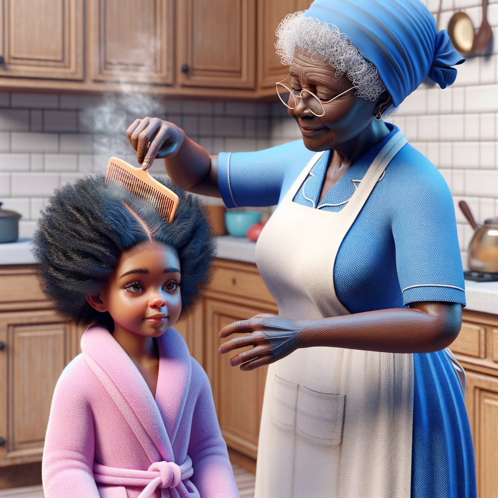 Create a realistic 3-D image of an african-American grandmother wearing a blue house dress and a white apron . She is in the kitchen with her african-American granddaughter. Her granddaughter is wearing a pink bath robe. The grandmother has a hot comb in her hand and she is straightening her granddaughters hair. One side of her granddaughters hair is in  a Afro the other straight 
There is smoke coming from the hot comb
The granddaughter is making a face