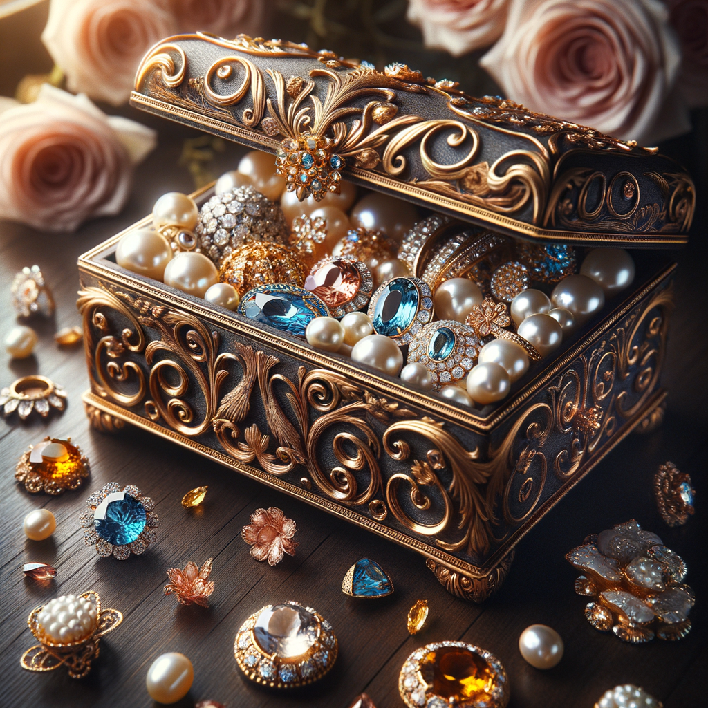 Create an image of an ornate jewelry box richly detailed with golden swirls and floral motifs, with no items on the top. Inside the box lies a collection of exquisite jewelry, each piece featuring vibrant blue gemstones set amongst pearls and golden accents. This treasure is placed on a dark wooden surface, subtly reflecting the luster of the gems. Around the box, there are loose gemstones, a golden flower, and soft pink roses in the blurred background, contributing to the elegant ambiance. The name 'Karen' is elegantly inscribed above the jewelry box, adding a personalized touch to the scene.