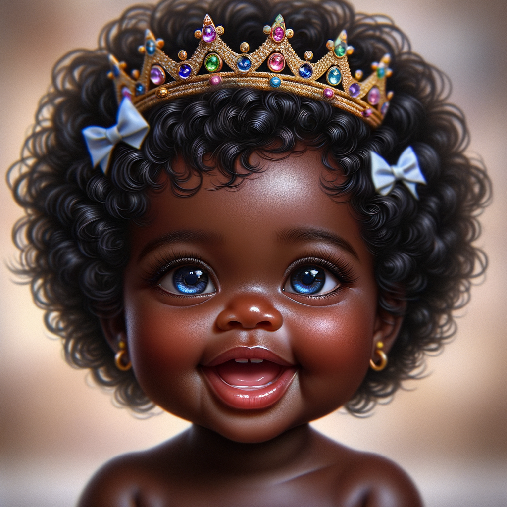 "Create a digital portrait of an adorable african-American baby girl with a joyful expression. She is wearing a gold crown with colorful jewels. Her big, bright blue eyes are wide with wonder, and her tiny mouth is shaped in a happy grin. Her skin has a warm, honey-brown tone, and she has an abundance of curly black hair, playfully tied up with light blue bows. The background is soft and neutral to keep the focus on her delightful features. The portrait should be vibrant and heartwarming, celebrating the innocence and charm of childhood."