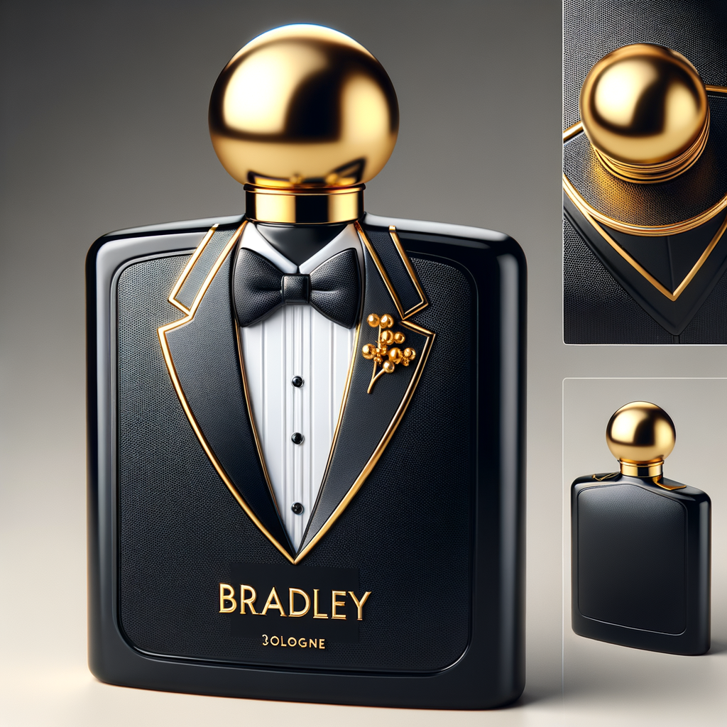 Create a realistic, 3-D cologne bottle That looks like a black Gucci tuxedo with a gold top and the name Bradley written in gold letters