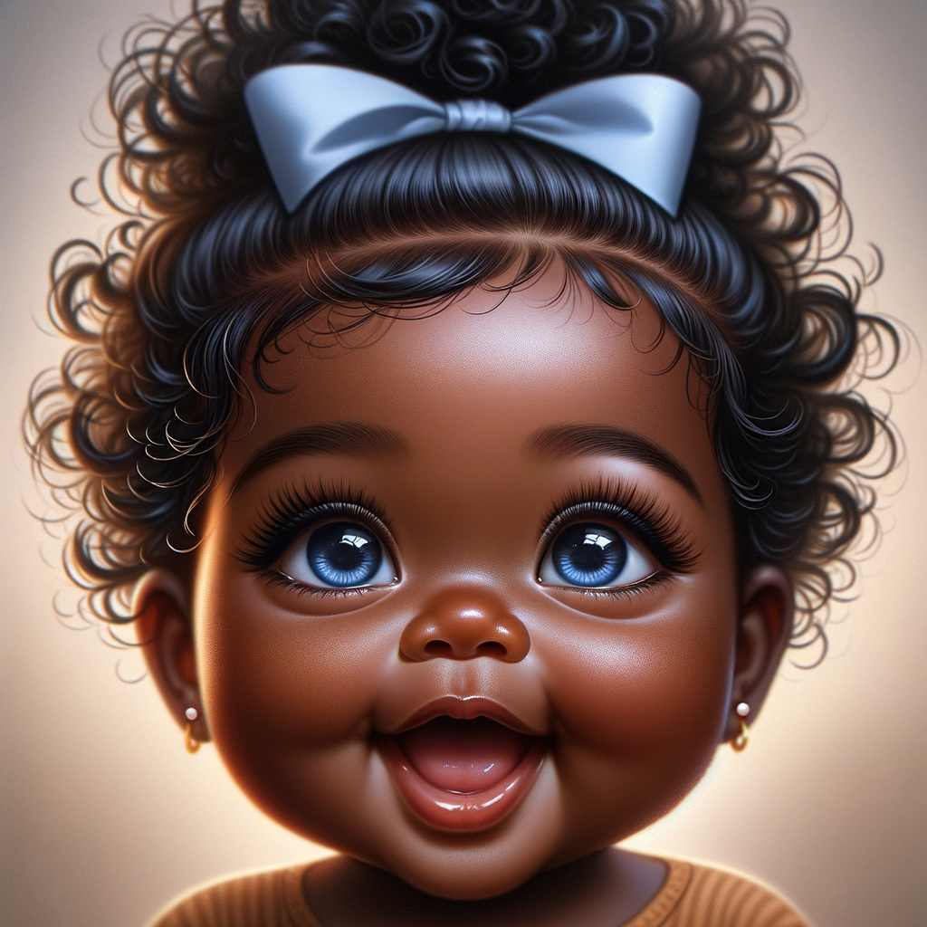 "Create a digital portrait of an adorable african-American baby girl with a joyful expression. Her big, bright blue eyes are wide with wonder, and her tiny mouth is shaped in a happy grin. Her skin has a warm, honey-brown tone, and she has an abundance of curly black hair, playfully tied up with light blue bows. The background is soft and neutral to keep the focus on her delightful features. The portrait should be vibrant and heartwarming, celebrating the innocence and charm of childhood."