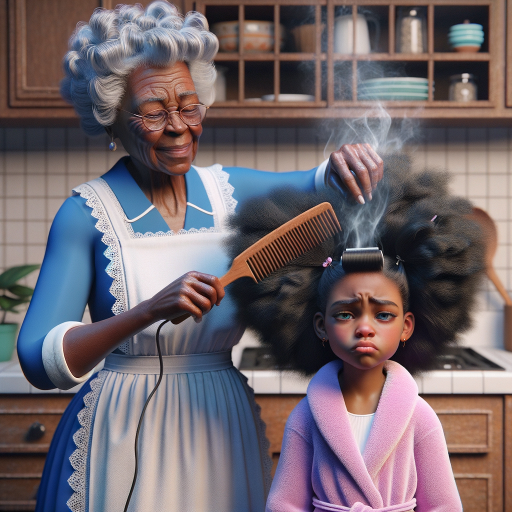 Create a realistic 3-D image of an african-American grandmother wearing a blue house dress and a white apron . She is in the kitchen with her african-American granddaughter. Her granddaughter is wearing a pink bath robe. The grandmother has a hot comb in her hand and she is straightening her granddaughters hair. One side of her granddaughters hair is in  a Afro the other straight 
There is smoke coming from the hot comb
The granddaughter is making a face