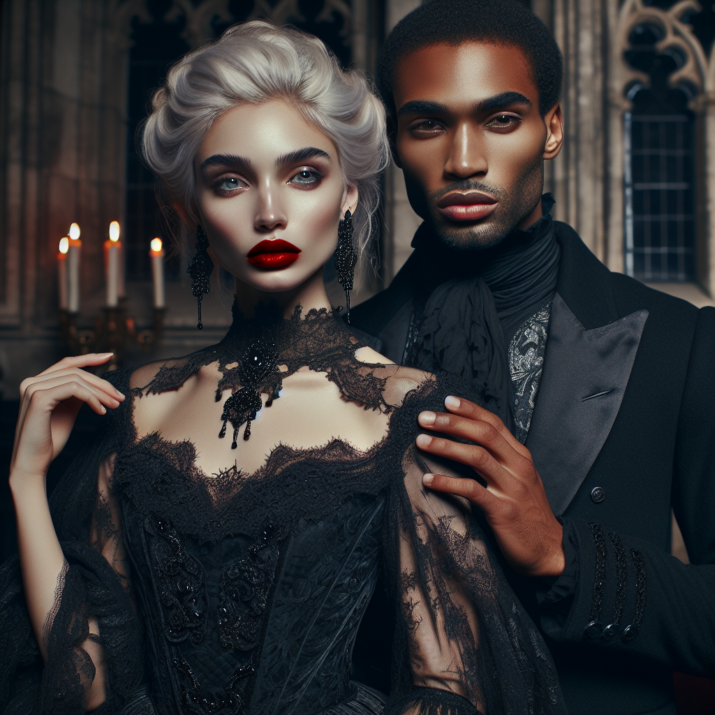 A mysterious couple poised before a massive, candlelit hearth in a grand manor. The woman’s gown flows around her feet as she gazes into the distance, her red lips contrasting with her dark attire. The man, dressed in a tailored black frock coat, rests one hand gently on her shoulder, his piercing eyes meeting the viewer’s gaze as shadows dance on the ornate walls