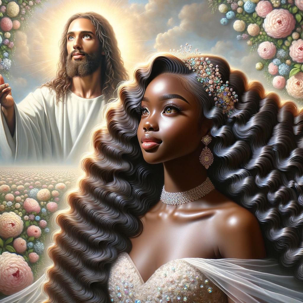 Create a 3-D realistic oil, painting of a beautiful African-American bride. She has long flooring, wavy hair and her gown has beautiful jewels around the neckline. in the background there is a beautiful African-American Jesus Christ with long dreadlocks, and he is smiling. He is very handsome pastel flowers throughout the image.