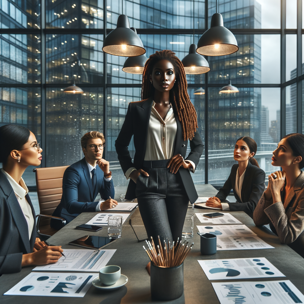 Describe a sophisticated Black woman with a caramel 
complexion, styled locs, and a sleek business suit, leading 
a boardroom discussion on environmental sustainability in 
a sleek urban office building."