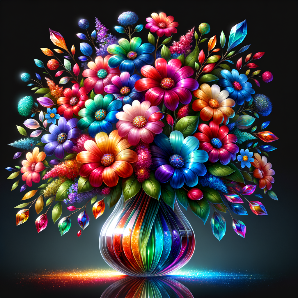 A vibrant and whimsical bouquet of glossy, multicolored flowers, each petal radiating joy in a spectrum of red, pink, blue, purple, orange, and yellow hues, assembled in a reflective, curved glass vase. The stems and leaves are rendered in rich, lifelike greens, contrasting beautifully with the brightly hued petals. The vase, positioned on a dark surface, holds a magical arrangement where the lower half is filled with layers of sparkling, jewel-toned crystals, creating a rainbow gradient from green to blue to fiery orange. Each flower seems to have a character of its own, contributing to a cheerful and enchanting composition that exudes the essence of a dreamy, enchanted garden.