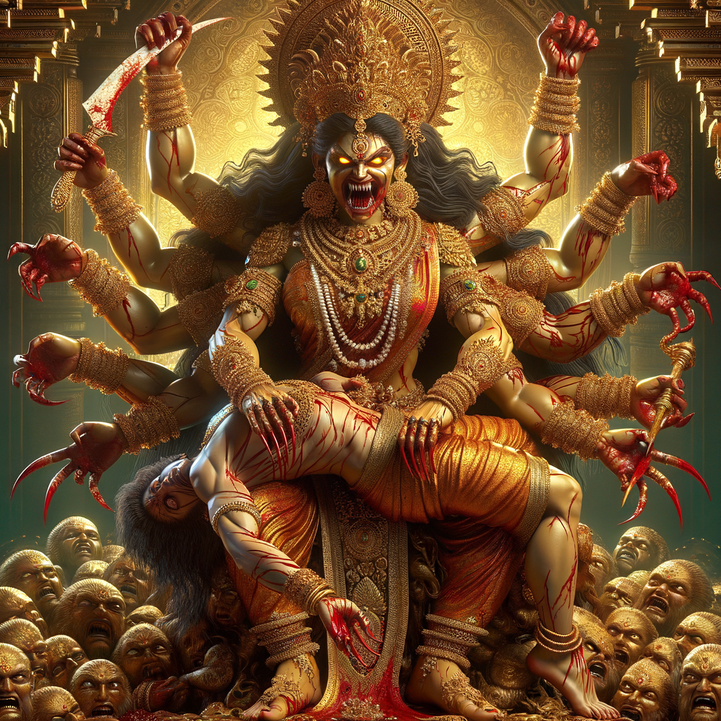 portrait of angry looking, four-armed indian goddess  sitting on a gold crown and carrying a weak mahishasur on her lap and poking his abdomen with her amazingly long red fingernails . She is wearing gold armor, a huge gold crown, gold saree, abundant  gold jewelry, covered in blood. The scene is set in ancient India. The image is 8K resolution, cinematic, photography, ultra detailed face and epic.