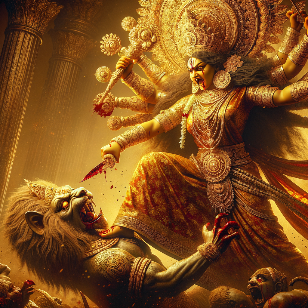 portrait of angry looking goddess durga pinning a weak mahishasur to the ground with her foot. She is wearing gold armor, a huge gold crown, gold saree, abundant  gold jewelry, covered in blood. The scene is set in ancient India. The image is 8K resolution, photography, cinematic, ultra detailed face and epic