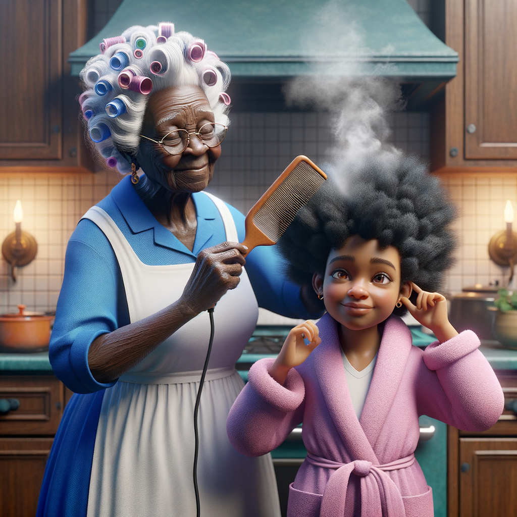 Create a realistic 3-D image of an african-American grandmother wearing a blue house dress and a white apron . She is in the kitchen with her african-American granddaughter. Her granddaughter is wearing a pink bath robe. The grandmother has a hot comb in her hand and she is straightening her granddaughters hair. One side of her granddaughters hair is in  a Afro the other straight 
There is smoke coming from the hot comb
The granddaughter is holding her ear and making a funny face