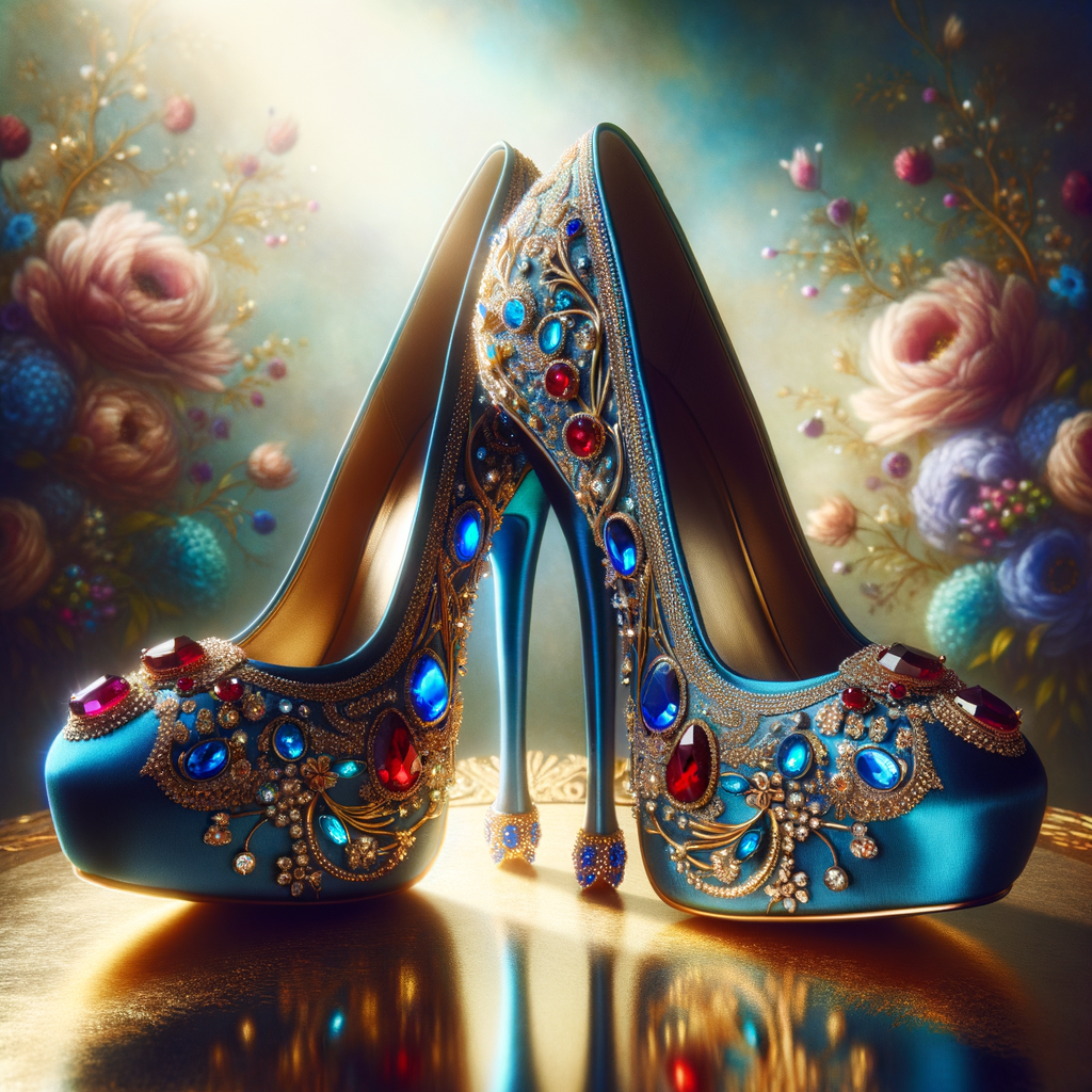 Imagine a pair of enchanting shoes, each a mirror image of the other, placed gracefully upon a regal surface. They are bathed in the soft, diffuse light that casts gentle reflections upon their silk fabric. These shoes are no ordinary footwear; they are a masterpiece of vibrant royal blue, adorned with ornate golden filigree and a multitude of glittering jewels in various hues—rubies, sapphires, emeralds, and delicate pink diamonds. Each shoe boasts an elegant, curved heel in a matching vivid blue, with tiny red and blue gems accenting the base. The shoes are positioned against a backdrop of soft-focus flowers, their pastel colors complementing the rich tones of the shoes, with hints of gold framing providing a touch of opulence. This image captures the essence of a fairy tale brought to life, a visual symphony of color and splendor.