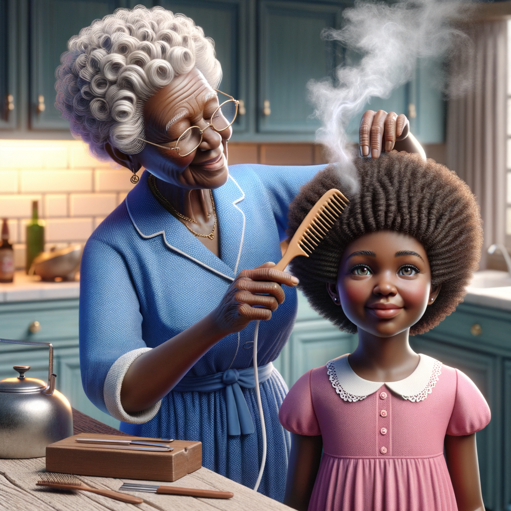 Create a realistic 3-D image of an african-American grandmother wearing a blue house dress. She is in the kitchen with her african-American granddaughter. Her granddaughter is wearing a pink dress The grandmother has a hot comb in her hand and she is straightening her granddaughters hair. One side of her granddaughters hair is in  a Afro the other straight 
There is smoke coming from the hot comb