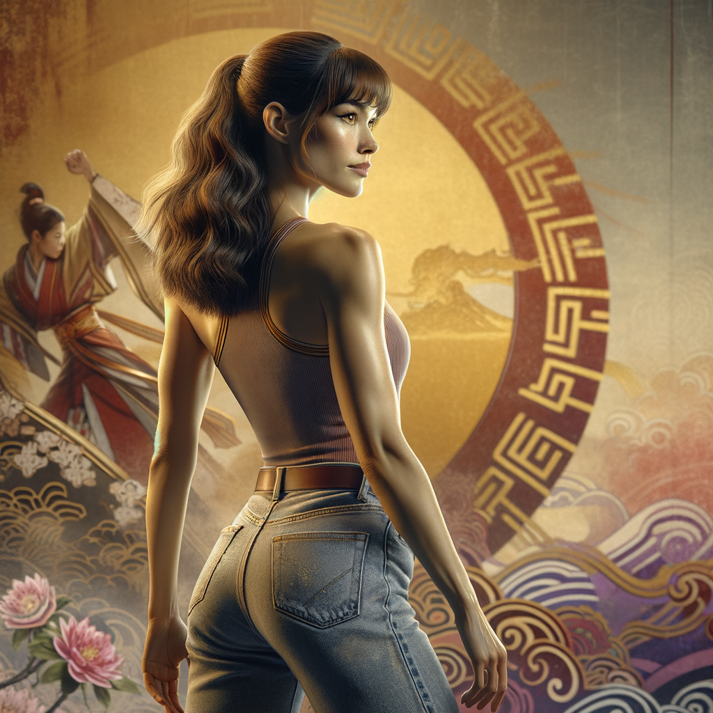 Athletic Thin skinny Attractive, Asian teenage girl, long brown hair and bangs, wearing tight skinny jeans and a halter top paint marks on her clothing, heroic pose Asian graffiti background, backside view