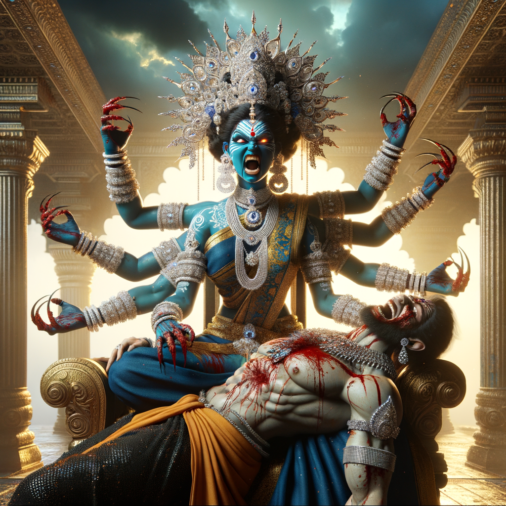 portrait of angry looking, four-armed indian goddess blue skinned sitting on a gold crown and carrying a weak mahishasur on her lap and poking his abdomen with her amazingly long red fingernails . She is wearing diamond armor, a huge diamond crown, black saree, abundant  diamond jewelry, covered in blood. The scene is set in ancient India. The image is 8K resolution, cinematic, photography, ultra detailed face and epic.