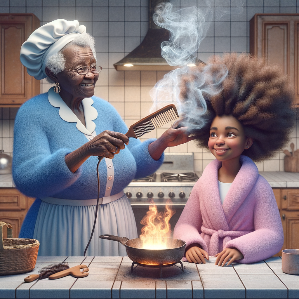 Create a realistic 3-D image of an african-American grandmother wearing a blue house dress and a white apron . She is in the kitchen with her african-American granddaughter. Her granddaughter is wearing a pink bath robe. The grandmother has a hot comb in her hand and she is straightening her granddaughters hair. One side of her granddaughters hair is in  a Afro the other straight 
There is smoke coming from the hot comb
The granddaughter is making a face