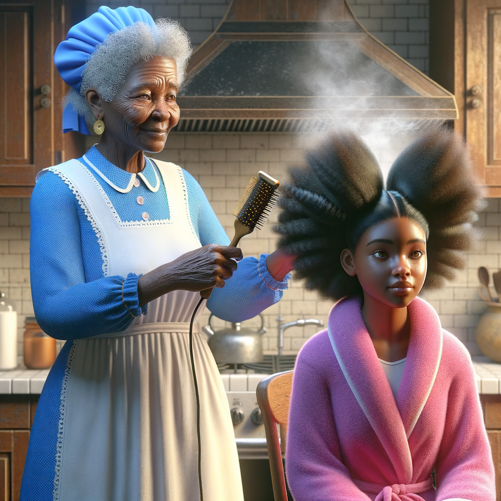 Create a realistic 3-D image of an african-American grandmother wearing a blue house dress and a white apron . She is in the kitchen with her african-American granddaughter. Her granddaughter is wearing a pink bath robe. The grandmother has a hot comb in her hand and she is straightening her granddaughters hair. One side of her granddaughters hair is in  a Afro the other straight 
There is smoke coming from the hot comb
The granddaughter is making a face