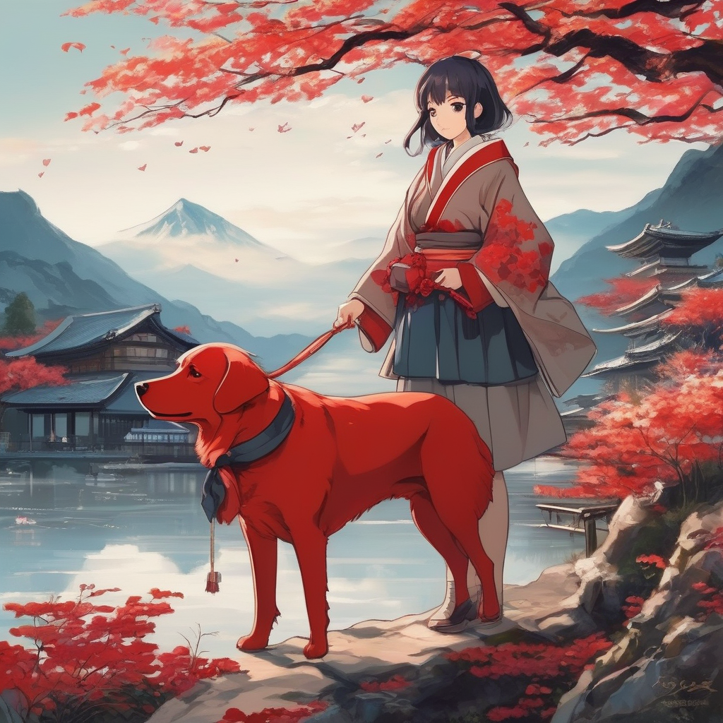 young woman with a red dog