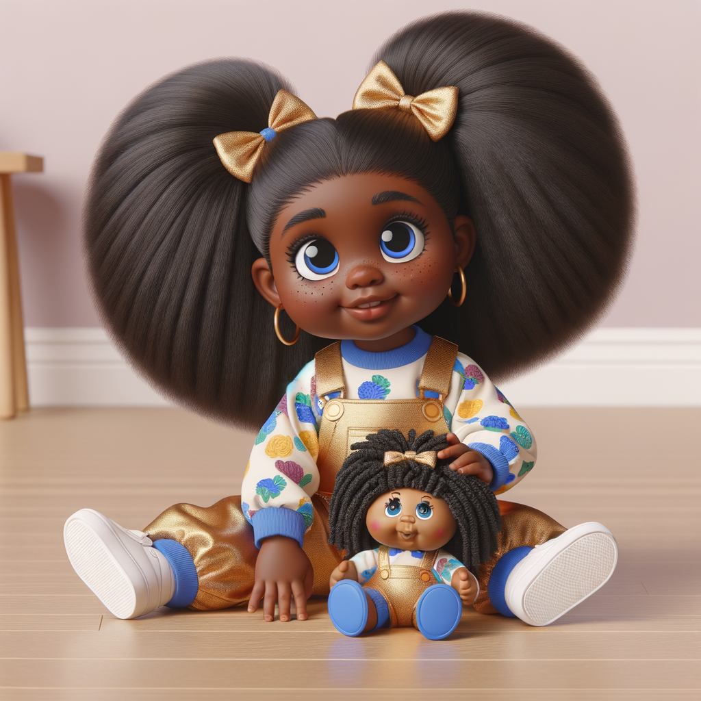 Create a 3-D image of an african-American little girl inside of a medium size, toy store. The little girl has thick long, ponytails and huge blue eyes. She has on a gold and blue jumpsuit with matching bows, She is playing with her favorite african-American cabbage patch doll, the doll has deep, dimples, and freckles and looks just like her