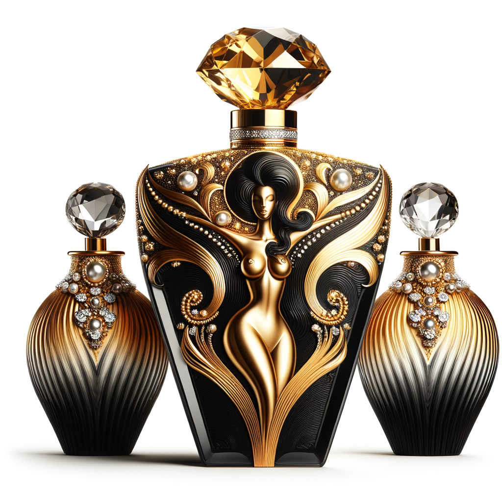 Design a fancy, black and gold bottle of perfume in the shape of a woman’s body. With a golden diamond top, flowers pearls and Diamonds in the name, Karen