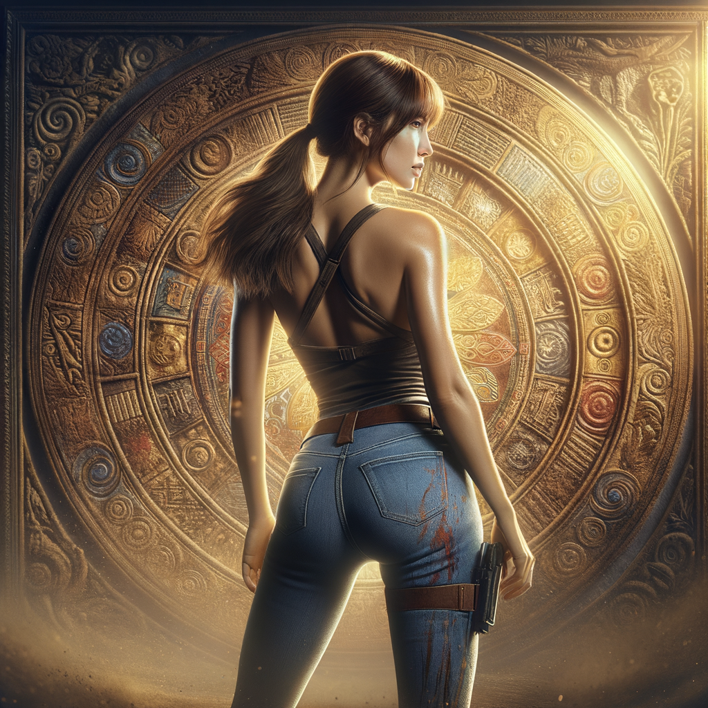 Athletic Thin skinny Attractive, Asian teenage girl, long brown hair and bangs, wearing tight skinny jeans and a halter top paint marks on her clothing, heroic pose Asian graffiti background, backside view