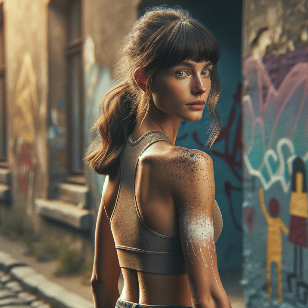 Athletic Thin skinny Attractive, Asian teenage girl, long brown hair and bangs, wearing tight skinny jeans and a halter top paint marks on her clothing, heroic pose Asian graffiti background, backside view