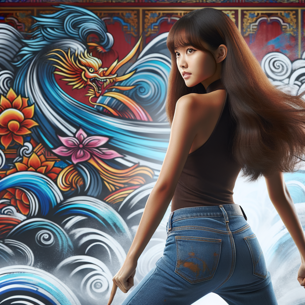 Attractive, Asian teenage girl, long brown hair and bangs, wearing tight skinny jeans and a halter top paint marks on her clothing, backside view heroic pose Asian graffiti